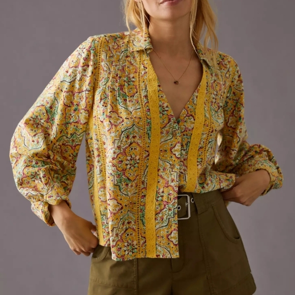 Anthropologie Tops - Anthropologie Yellow Printed Embroidered Puff Sleeve V-Neck Button-Up Blouse